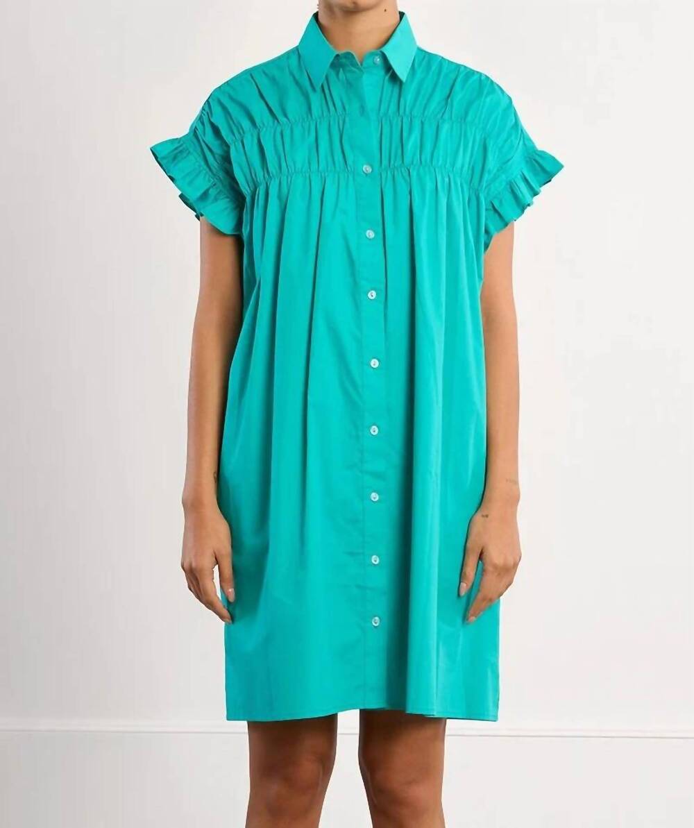 NEW MOLLY BRACKEN smocked cotton shirt dress in mint